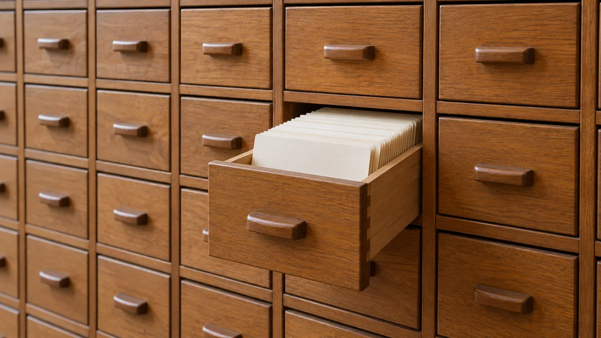A wall of wooden card-catalogue drawers with one drawer slightly open and blank cards inside.