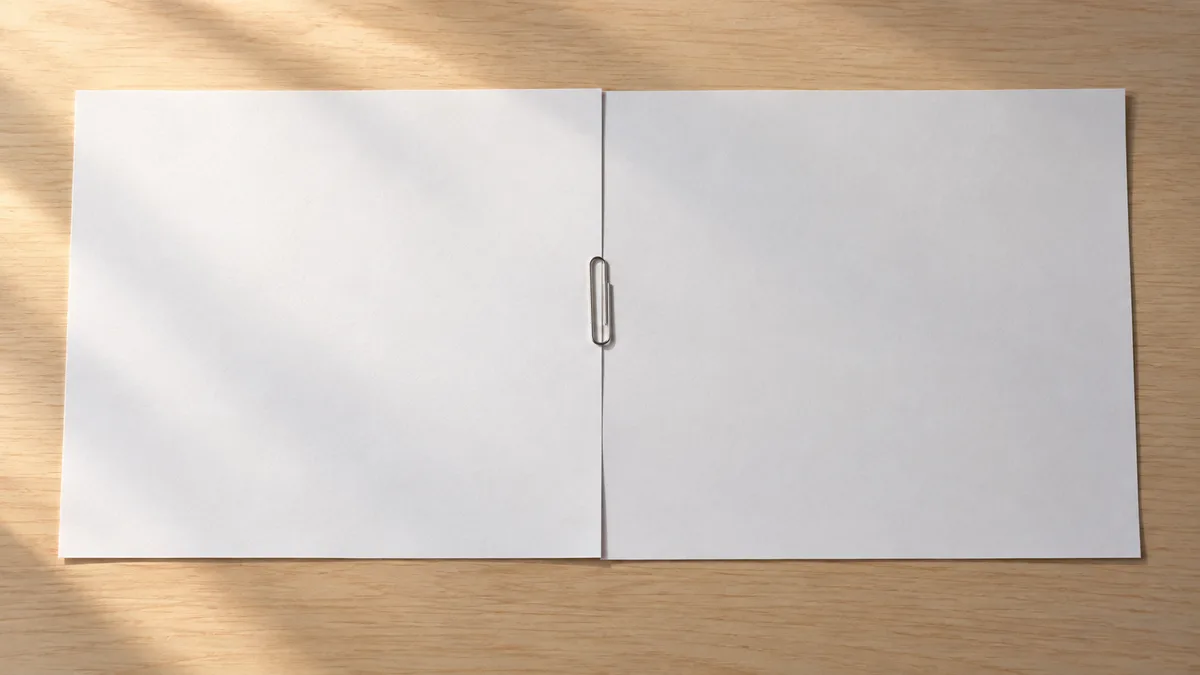 Two identical blank sheets of paper side by side on a light desk, joined by a paper clip.