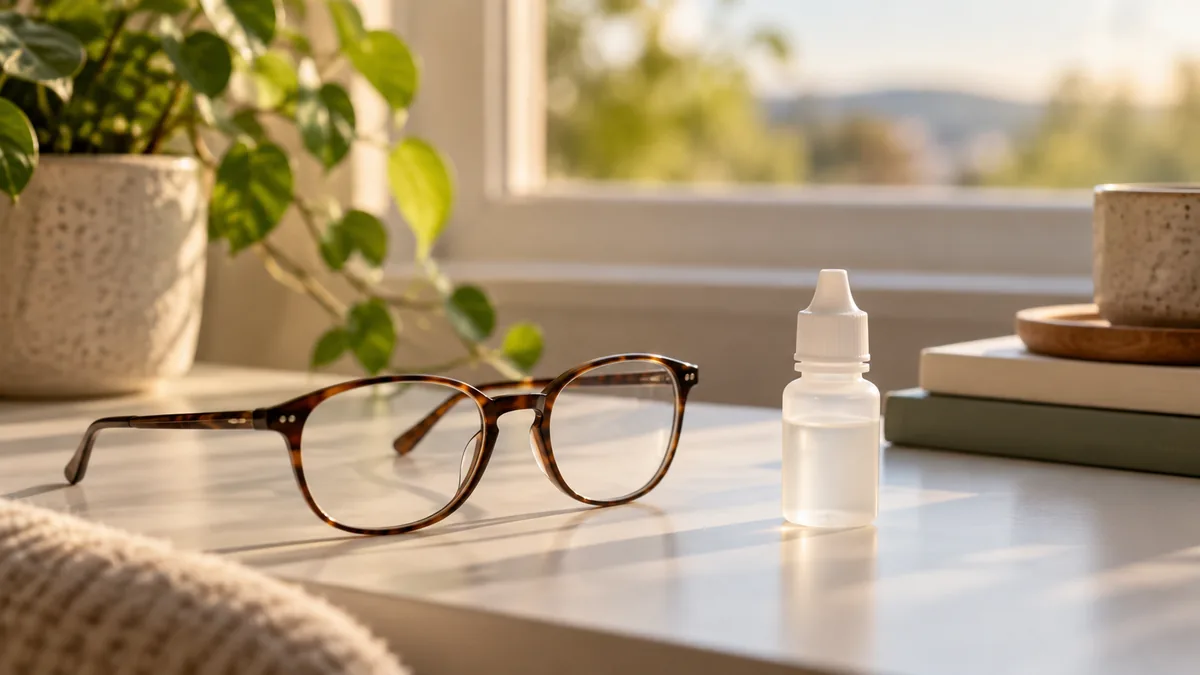 A pair of tortoiseshell reading glasses and a small unlabeled dropper bottle on a sunlit white table beside a window.