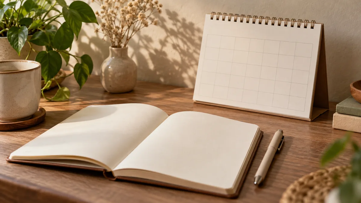 An open blank notebook and a pen in front of a desk calendar with an empty grid, on a wooden table in warm light.