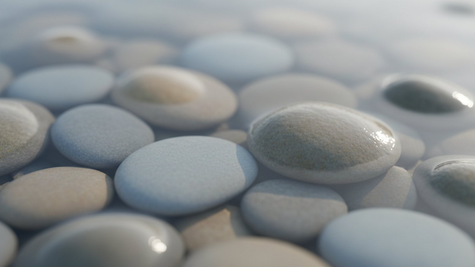 Abstract editorial cover image: matte river pebbles in grey, sand and pale blue half submerged in still clear water under soft morning light. Illustrative only; not a clinical image.