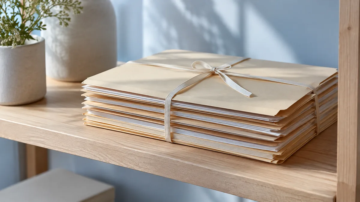 A stack of plain archival folders tied with a thin ivory ribbon on a pale wooden shelf in soft blue light.